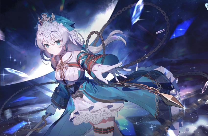 1girl, absurdres, aqua_dress, blue_eyes, braid, catmelon_(user_melon010203), chain, dress