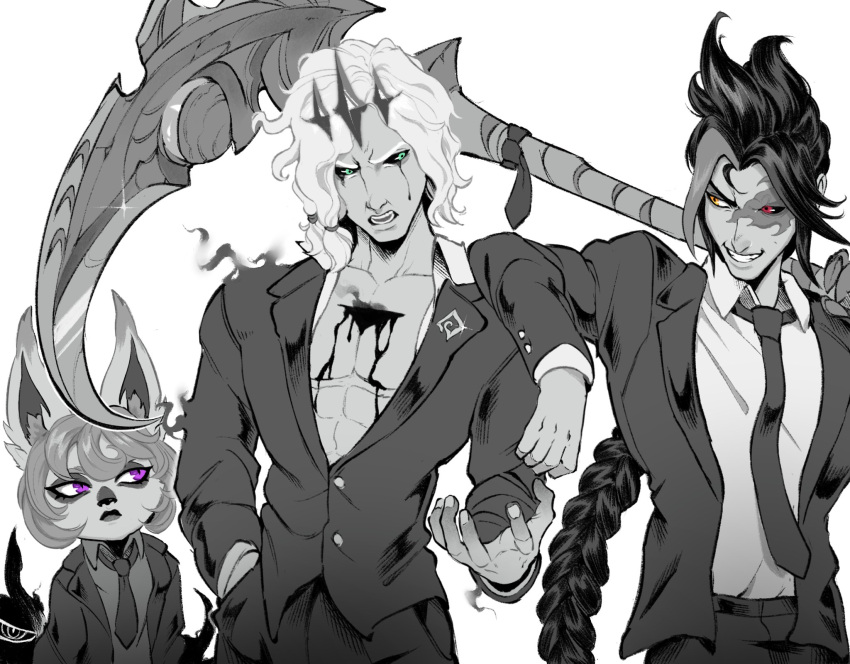 1girl, 2boys, alternate_costume, black_sclera, braid, colored_sclera, crown, formal_clothes