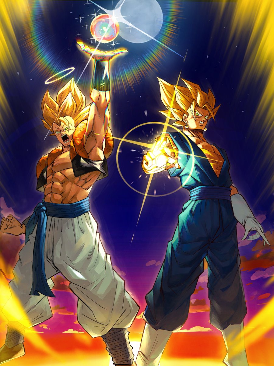 2boys, abs, arm_up, aura, black_vest, blonde_hair, blue_pants, blue_sash, blue_shirt, boots, cropped_vest, dougi, dragon_ball_z_dokkan_battle, earrings, gloves, gogeta, green_eyes, halo, highres, initials-drawing, jewelry, male_focus, medium_hair, metamoran_vest, multiple_boys, muscular, muscular_male, open_clothes, open_vest, orange_shirt, pants, potara_earrings, sash, shirt, spiky_hair, super_saiyan, super_saiyan_1, vegetto, vest, white_boots, white_gloves, white_pants