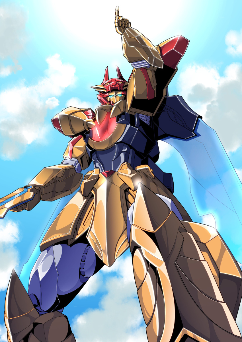 absurdres, arm_blade, clouds, highres, kaneko_naoya, mecha, mecha_focus, no.1_sentai_gozyuger, no_humans, pointing, pointing_up, robot, sun, super_robot, super_sentai, tega_sword_red, weapon