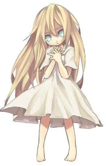 blazblue, blonde_hair, cochou, dress, green_eyes, koshou_(cochou), long_hair, noel_vermillion, simple_background, young