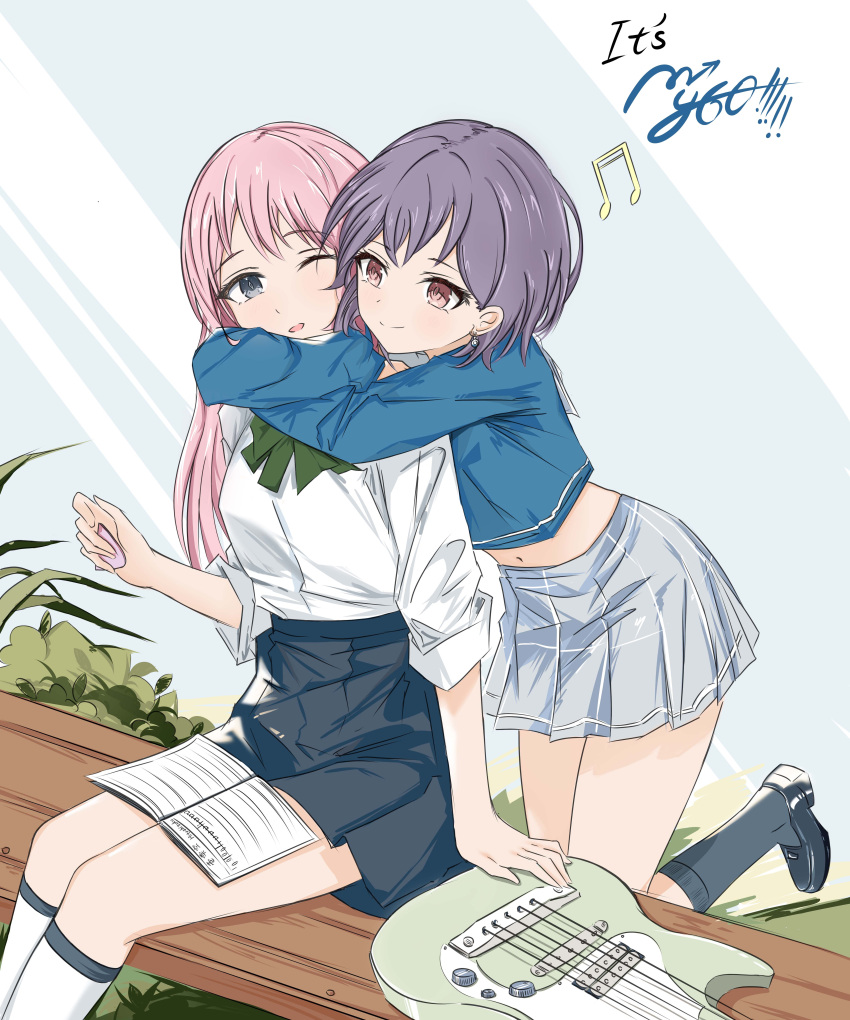 2girls, absurdres, bang_dream!, bang_dream!_it's_mygo!!!!!, black_shoes, black_skirt, brown_eyes, ccp19, chihaya_anon, chinese_commentary, commentary_request, earrings, electric_guitar, grey_eyes, grey_hair, grey_socks, guitar, highres, hug, hug_from_behind, instrument, jewelry, kneehighs, loafers, long_hair, long_sleeves, multiple_girls, mygo!!!!!_logo_(bang_dream!), one_eye_closed, open_mouth, pink_hair, pleated_skirt, sheet_music, shirt, shoes, short_hair, skirt, sleeves_rolled_up, socks, takamatsu_tomori, white_shirt, white_skirt, white_socks, yuri