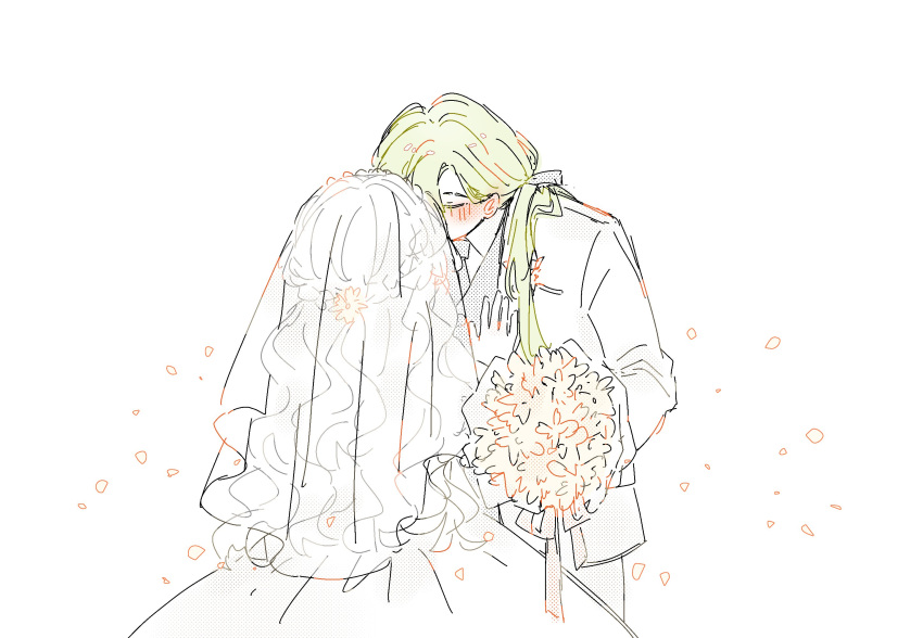 1boy, 1girl, blush, bouquet, bridal_veil, bride, closed_eyes, collared_shirt