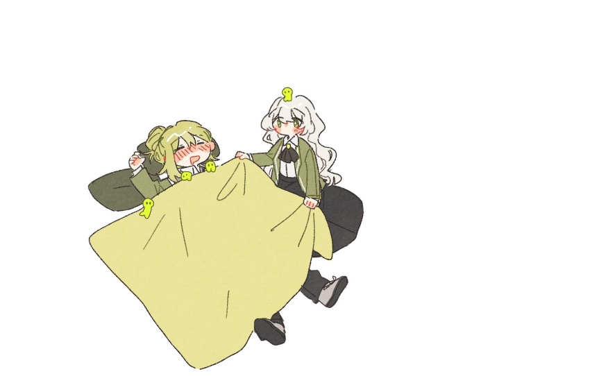 1boy, 1girl, black_pants, black_skirt, blanket, closed_eyes, collared_shirt, creature_on_head