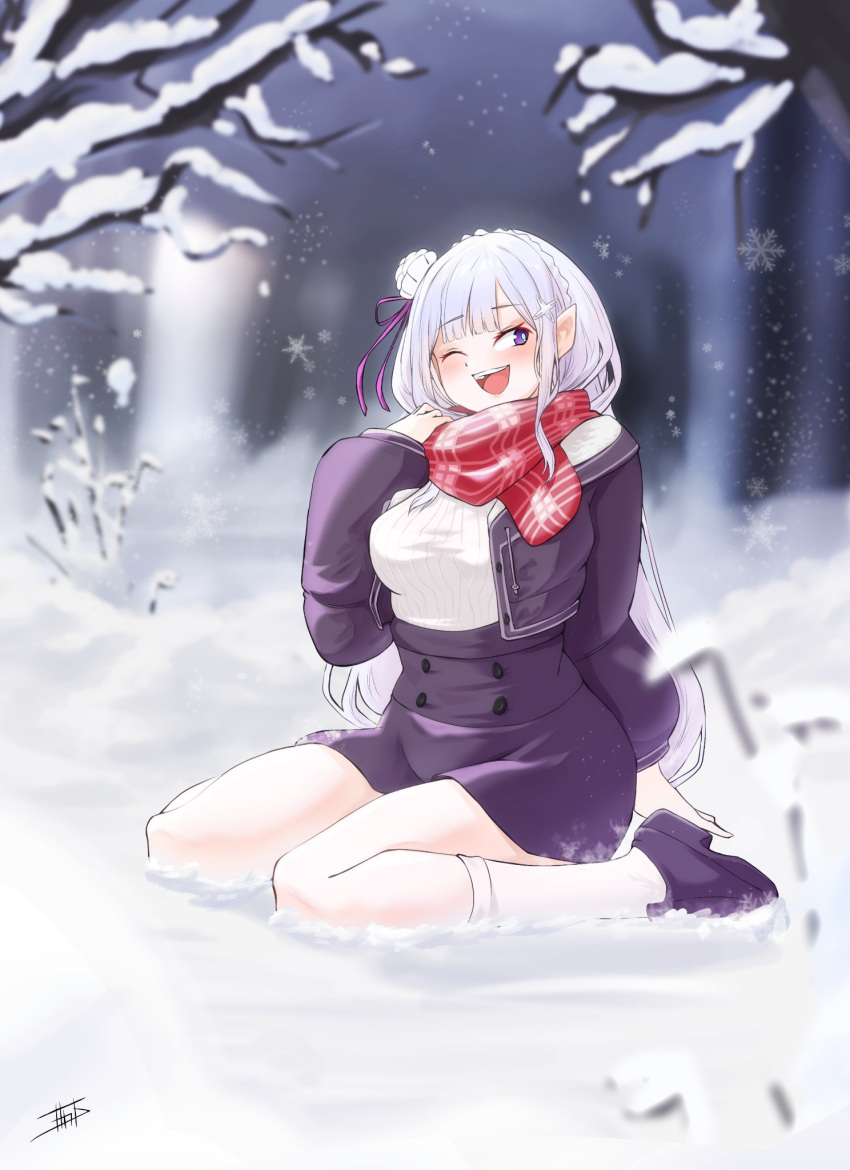 1girl, bare_tree, blush, braid, breasts, contemporary, crown_braid, elf, emilia_(re:zero), flower, forest, hair_flower, hair_ornament, hair_ribbon, high-waist_skirt, highres, jacket, kneehighs, large_breasts, light_smile, long_hair, miarin141, nature, one_eye_closed, open_clothes, open_jacket, open_mouth, outdoors, pointy_ears, purple_ribbon, re:zero_kara_hajimeru_isekai_seikatsu, red_scarf, ribbed_sweater, ribbon, rose, scarf, skirt, smile, snow, socks, solo, sweater, tree, violet_eyes, white_flower, white_hair, white_rose, winter_clothes, x_hair_ornament