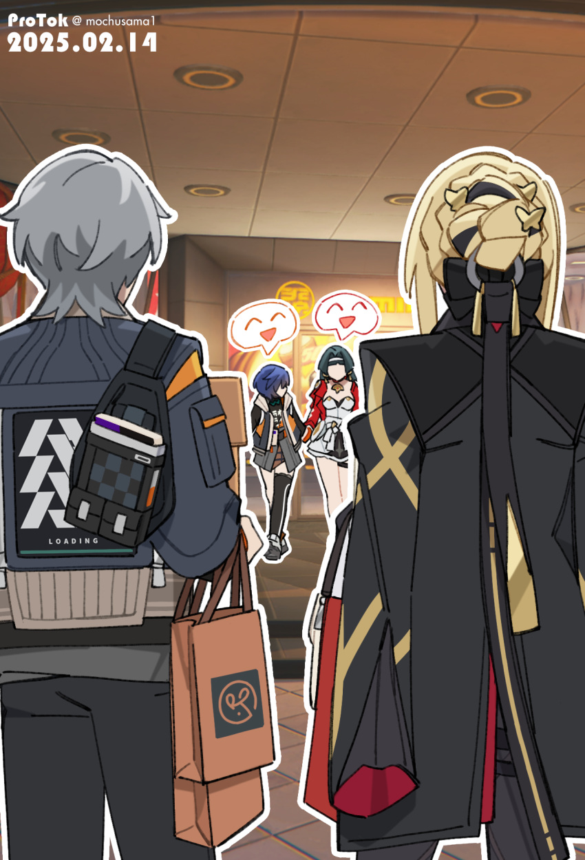 1boy, 3girls, astra_yao, back, bag, belle_(zenless_zone_zero), black_hair, black_jacket