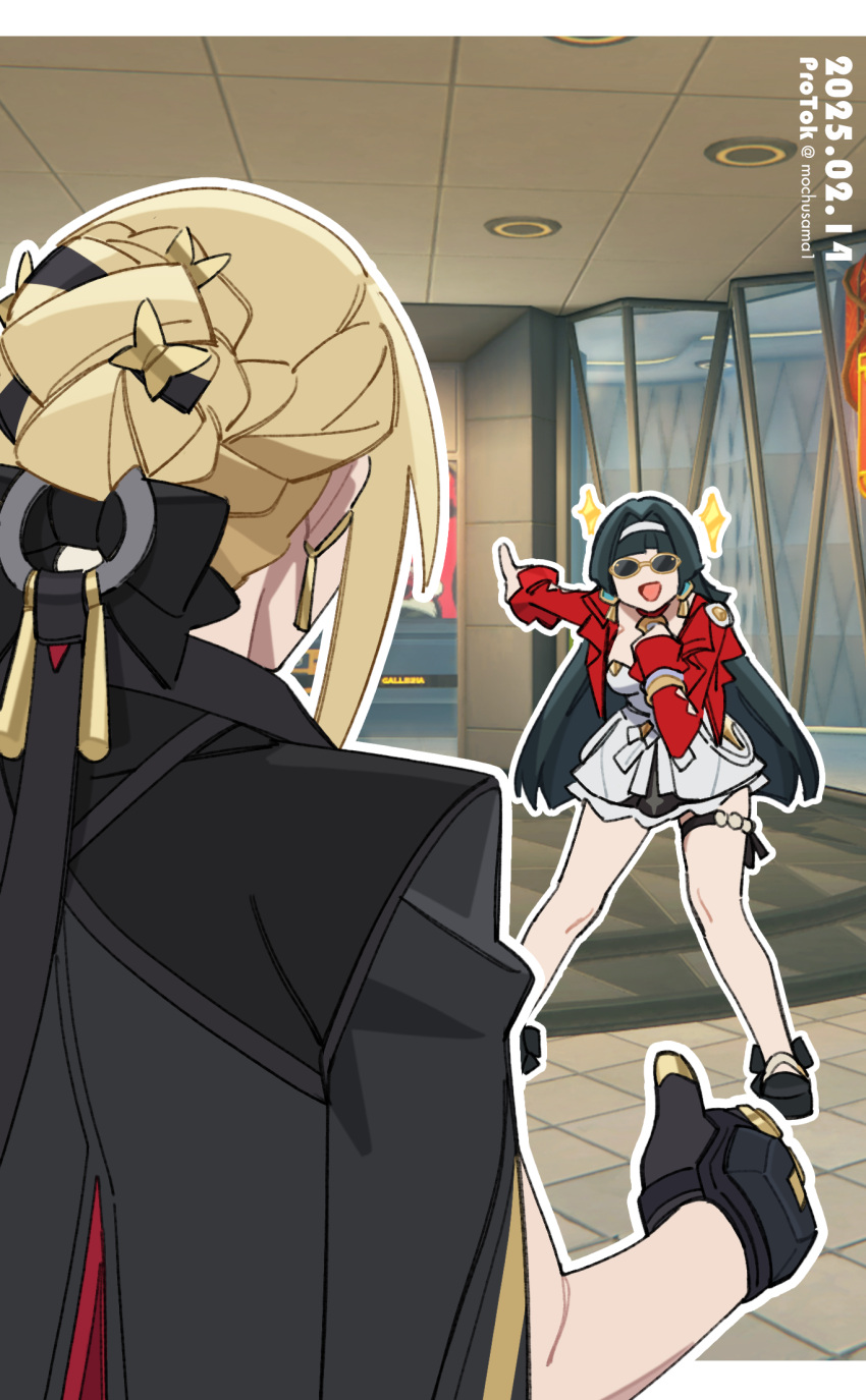 2girls, astra_yao, back, black_gloves, black_hair, blonde_hair, blunt_bangs, dress