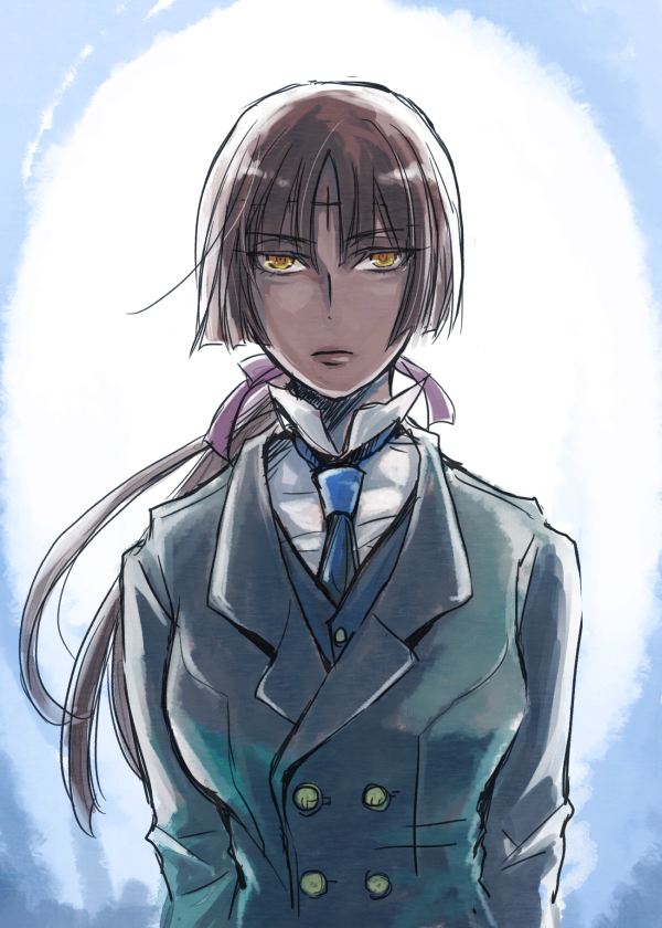 1girl, blue_background, blue_necktie, blue_suit, blue_vest, brown_hair, collared_shirt, d.gray-man