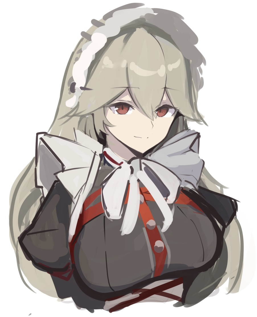 1girl, alexandrina_sebastiane, black_dress, breasts, dress, grey_hair, large_breasts, long_hair