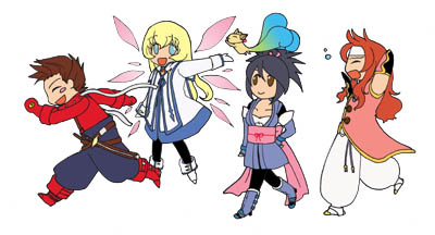 black_hair, blonde_hair, blue_eyes, brown_eyes, brown_hair, chibis, colette_brunel, lloyd_irving, red_hair, sheena_fujibayashi, tales_of_symphonia, zelos_wilder