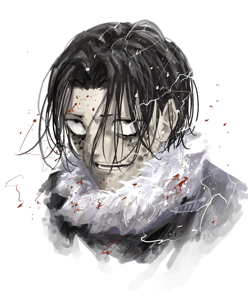 1boy, black_eyes, black_hair, blood, electricity, facepaint, fur_trim, highres