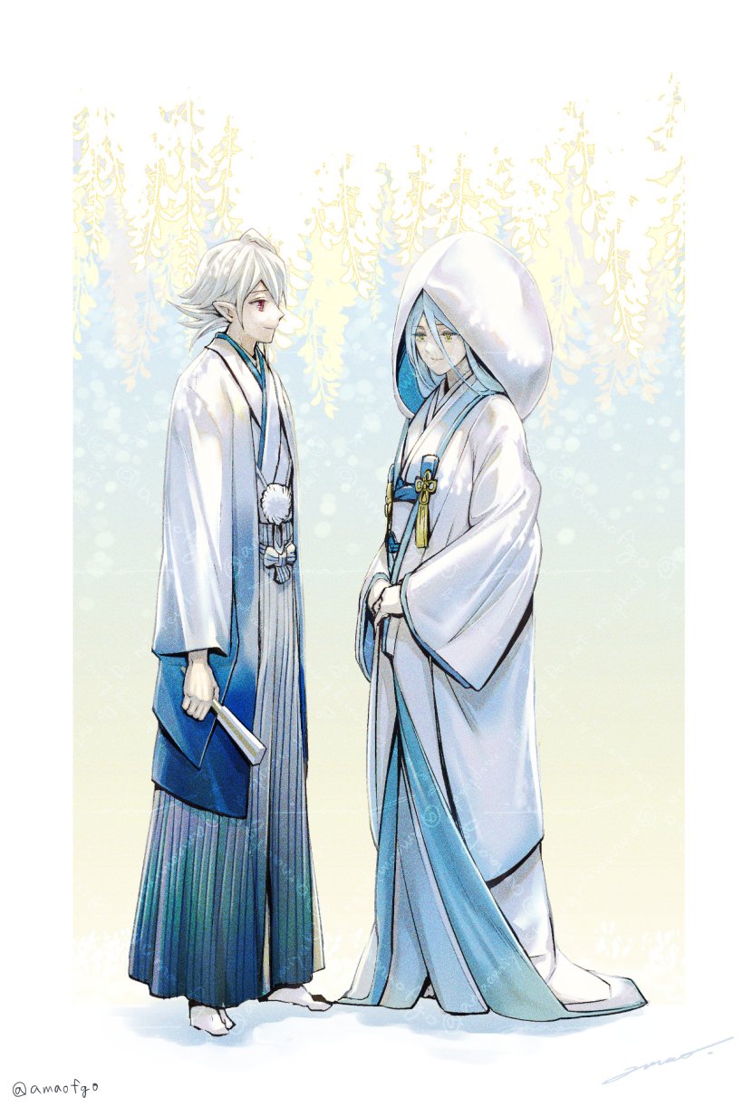 1boy, 1girl, alternate_costume, amao_miyuki, azura_(fire_emblem), blue_hair, bride, closed_mouth, commentary_request, corrin_(fire_emblem), corrin_(male)_(fire_emblem), couple, dress, fire_emblem, fire_emblem_fates, full_body, grey_hair, groom, hand_fan, highres, holding, holding_fan, japanese_clothes, kimono, long_hair, looking_at_another, paper_fan, pointy_ears, profile, red_eyes, short_hair, smile, twitter_username, uchikake, very_long_hair, wedding_dress, yellow_eyes