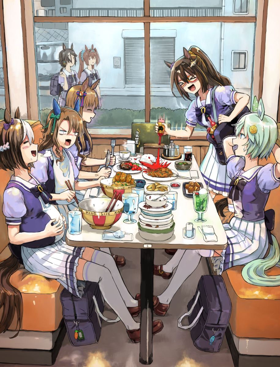 >_<, 6+girls, :d, alcohol, anger_vein, animal_ears, arms_behind_head, arms_up