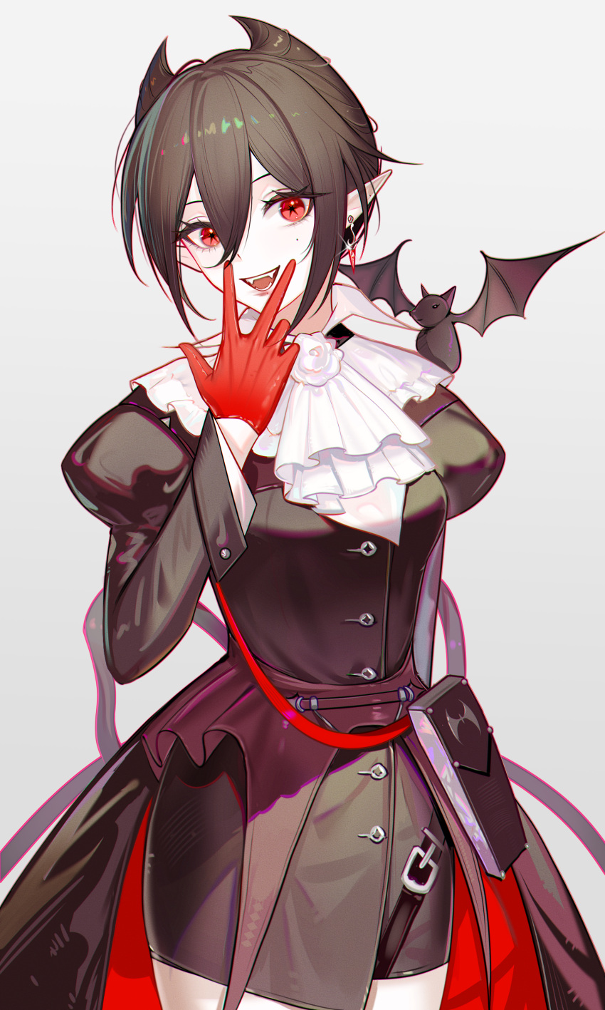 1girl, absurdres, arknights, ascot, bat_(animal), black_pouch, brown_hair, commentary_request, cowboy_shot, earrings, entelechia_(arknights), fangs, gloves, hair_between_eyes, hair_horns, highres, jewelry, juliet_sleeves, long_sleeves, looking_at_viewer, maz_mei, mole, mole_on_cheek, mole_on_ear, open_mouth, pointy_ears, puffy_sleeves, red_eyes, red_gloves, simple_background, solo, teeth, upper_teeth_only, w, w_over_mouth, white_ascot, white_background