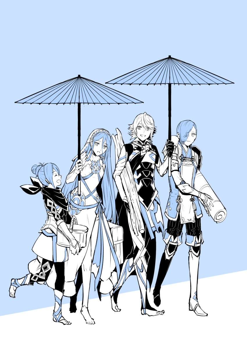 1boy, 2boys, 2girls, amao_miyuki, azura_(fire_emblem), cape, closed_eyes, corrin_(fire_emblem), family, father_and_daughter, father_and_son, fire_emblem, fire_emblem_fates, full_body, hair_between_eyes, hair_over_one_eye, hairband, highres, holding, holding_umbrella, kana_(female)_(fire_emblem), kana_(fire_emblem), long_hair, mother_and_daughter, multiple_boys, multiple_girls, open_mouth, pointy_ears, shigure_(fire_emblem), smile, umbrella