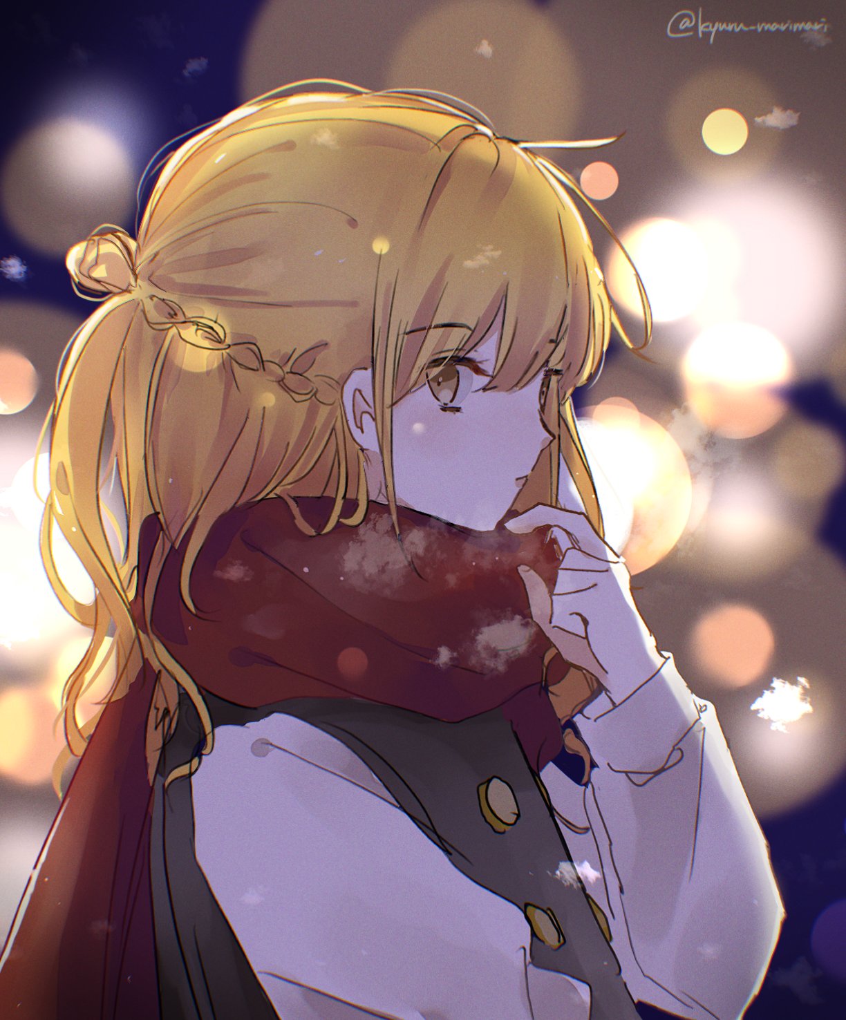 1girl, adjusting_scarf, alternate_hairstyle, black_vest, blonde_hair, blurry, blurry_background, bokeh, braid, check_hairstyle, closed_mouth, commentary_request, depth_of_field, expressionless, gold_buttons, highres, kirisame_marisa, kyuru_marimari, light_blush, light_particles, long_hair, long_sleeves, looking_at_viewer, looking_to_the_side, low_ponytail, no_headwear, ponytail, puffy_long_sleeves, puffy_sleeves, red_scarf, scarf, shirt, side_braid, solo, three_quarter_view, touhou, twitter_username, upper_body, vest, white_shirt, yellow_eyes