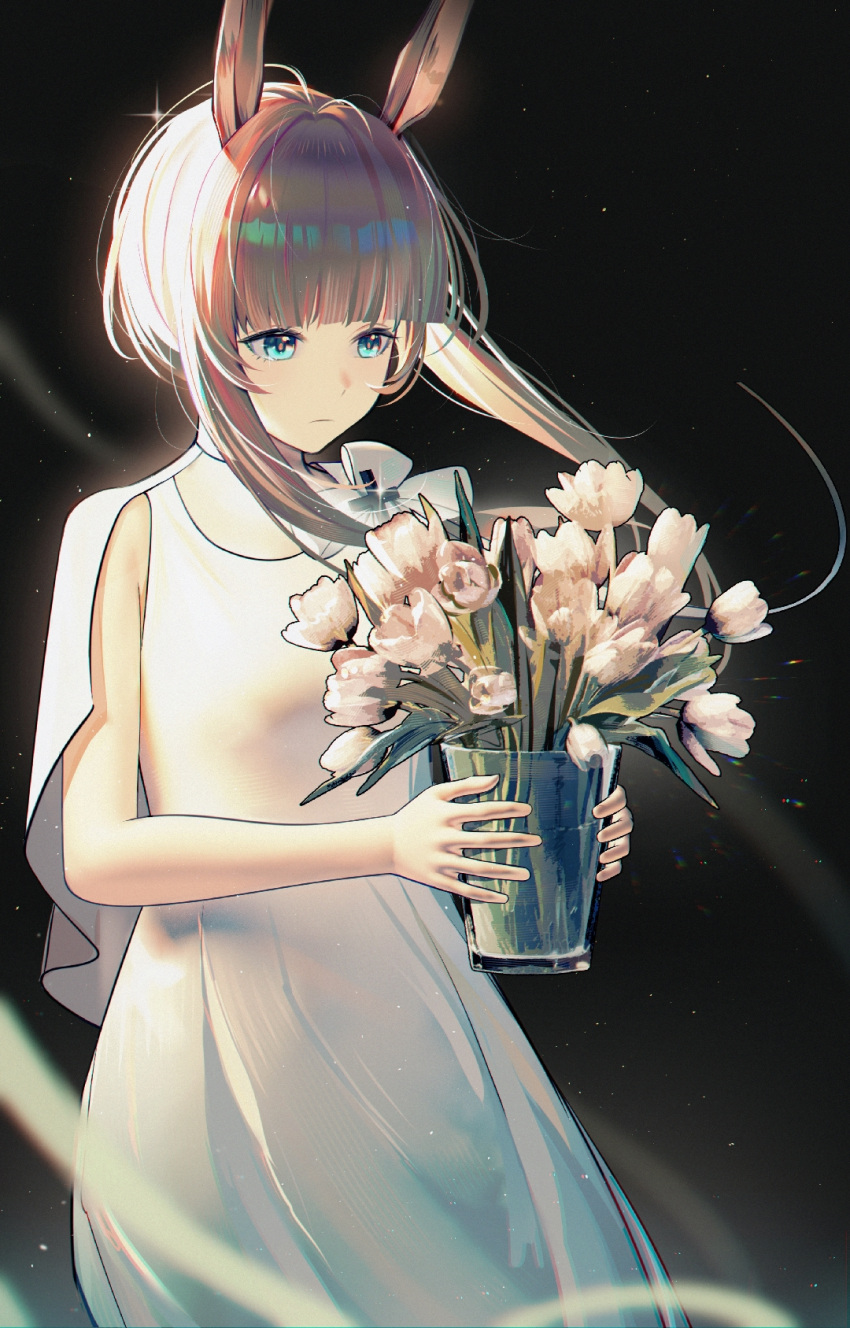 1girl, aged_down, amiya_(arknights), amiya_(young)_(arknights), animal_ears, aqua_eyes, arknights, bare_arms, bare_shoulders, black_background, blunt_bangs, brown_hair, cape, chinese_commentary, closed_mouth, commentary_request, dress, expressionless, flower, flower_pot, highres, holding, holding_flower_pot, light_particles, long_hair, maz_mei, partial_commentary, sleeveless, sleeveless_dress, solo, white_cape, white_dress, white_flower
