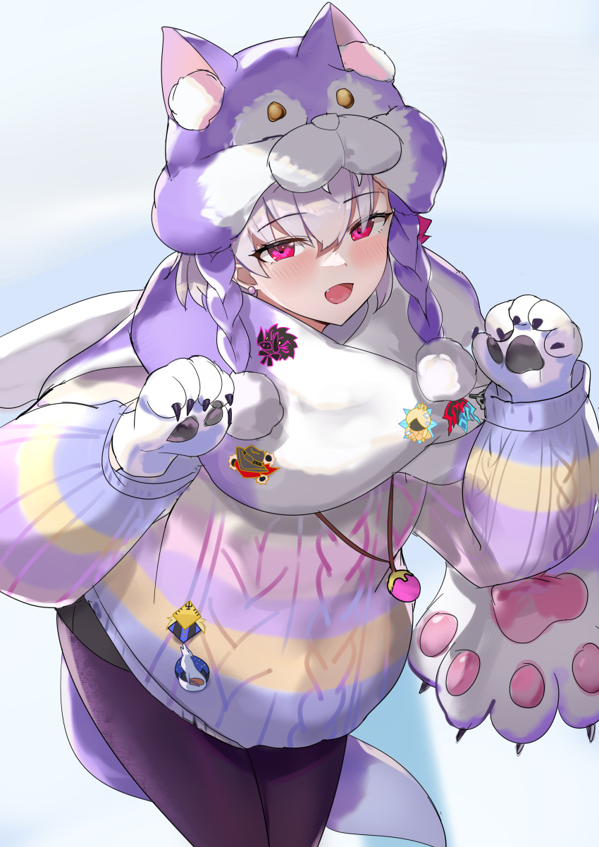 1girl, absurdres, animal_hands, animal_hat, badge, black_pantyhose, blush, fang