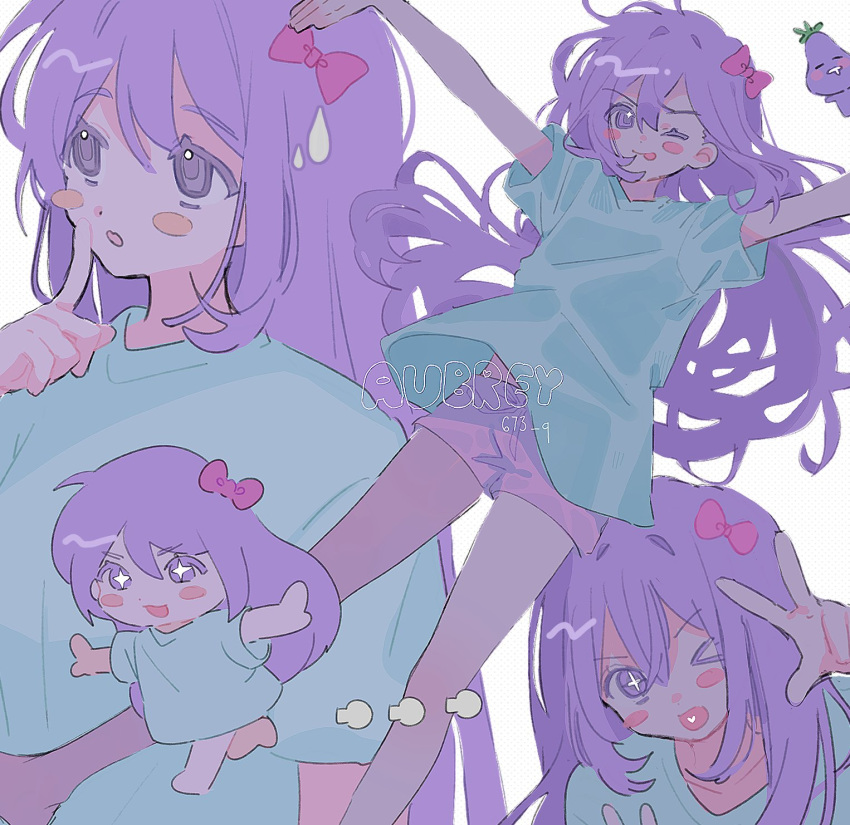 >_o, 1girl, 673_q, ;d, ;p, \o/, aqua_shirt, arms_up