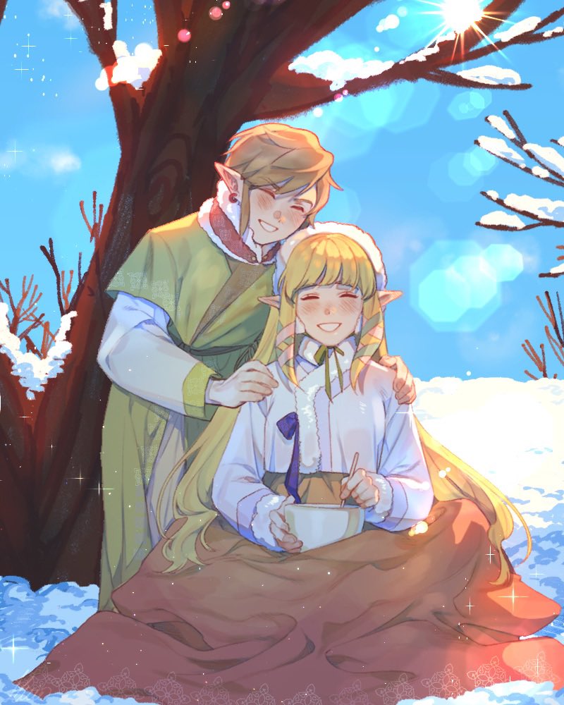 alternate_costume, blanket, blonde_hair, bowl, brown_hair, closed_eyes, coat, facing_viewer