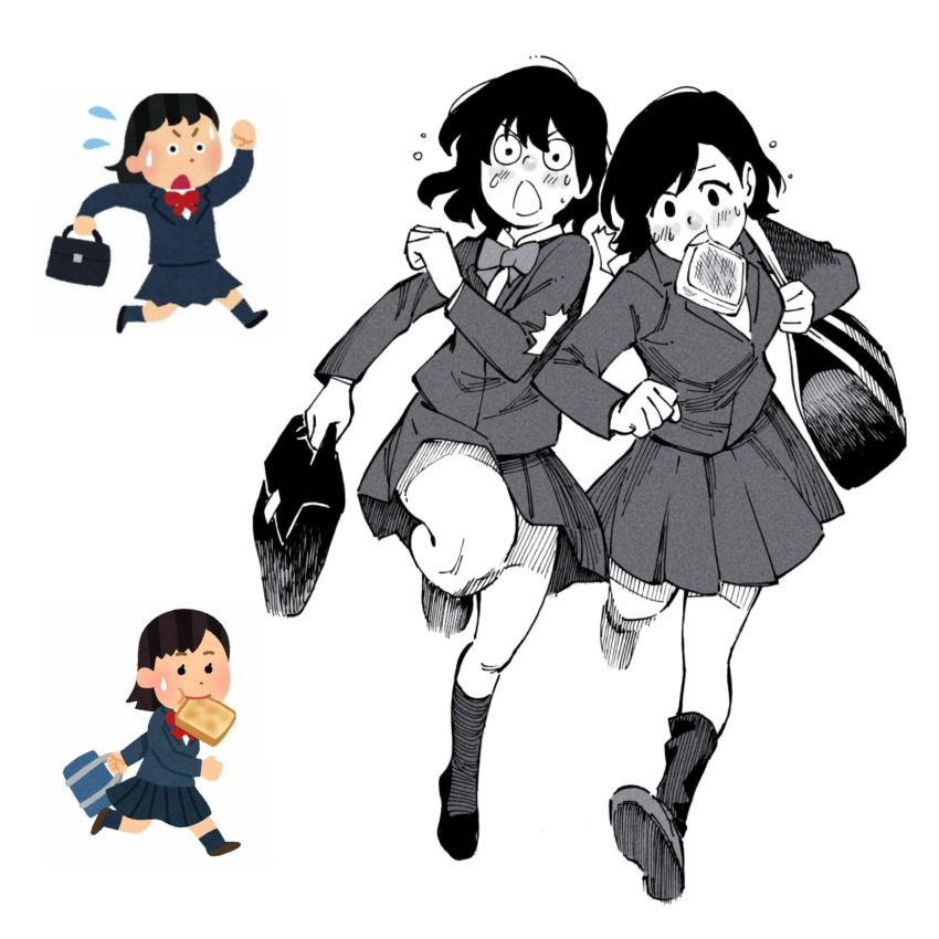 2girls, andony_strawhat, bag, black_hair, blush, bread, bread_slice, flying_sweatdrops