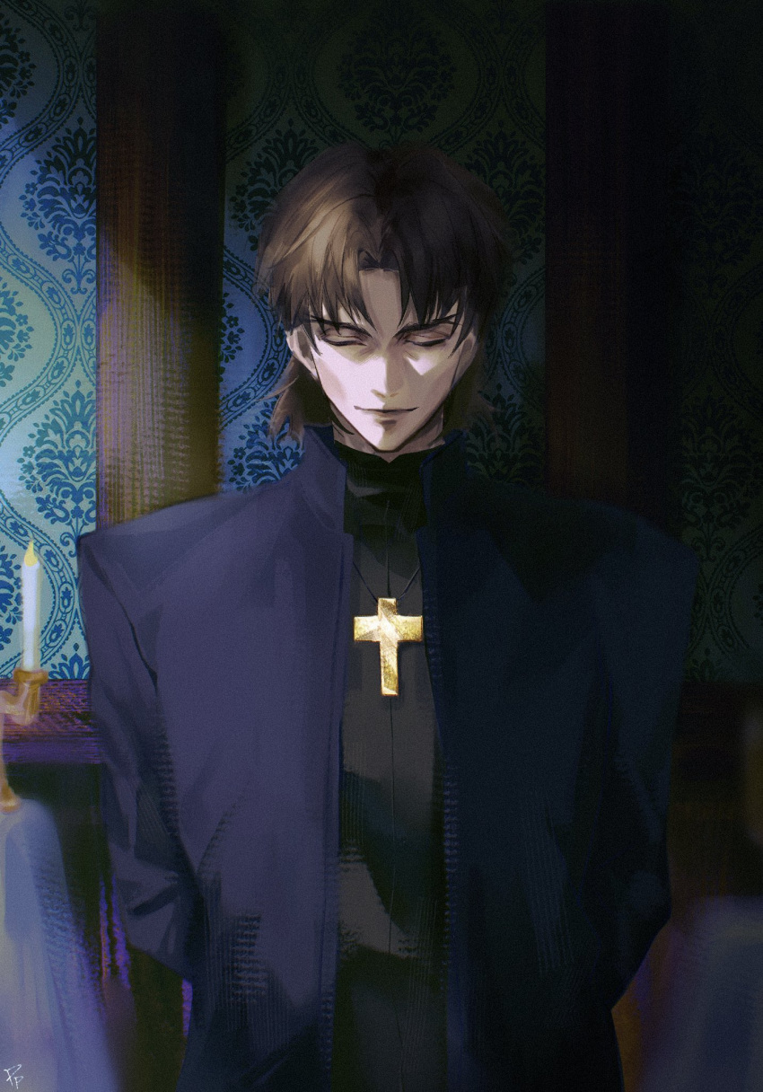 1boy, blue_coat, candle, candlestand, closed_eyes, coat, cross, fate/stay_night