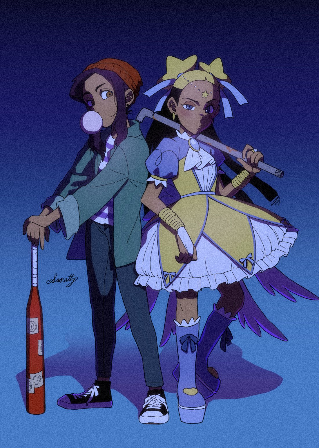 2girls, aika_(kiana_mai), baseball_bat, beanie, blonde_hair, boots, crossover, denim, dress, hat, highres, i_don't_want_to_be_a_magical_girl, jeans, knee_boots, lead_pipe, lolita_fashion, luz_noceda, magical_girl, multicolored_hair, multiple_girls, pants, star_guardian:_guardian_of_the_stars, tanuki_pan, the_owl_house, two-tone_hair