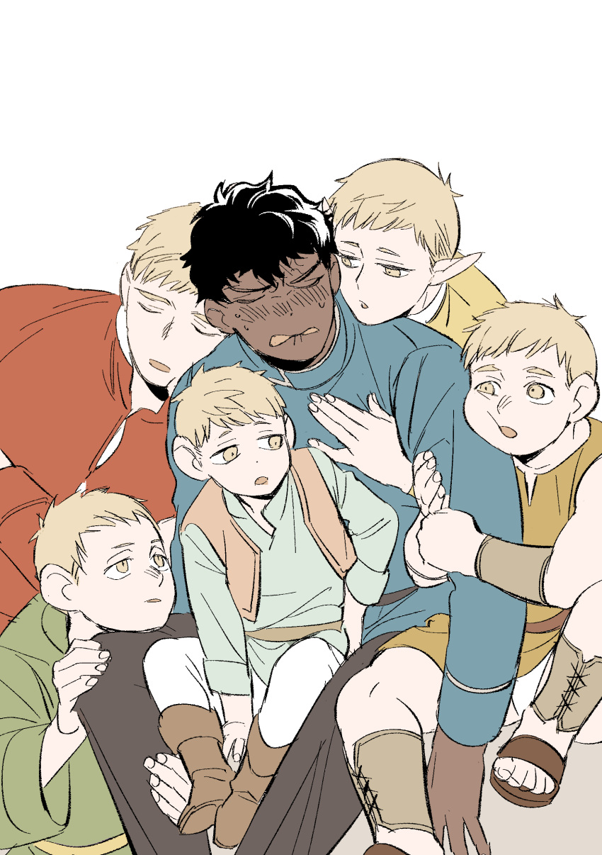 6+boys, absurdres, arm_hug, black_hair, blonde_hair, boots, brown_vest, closed_eyes, commentary, daki_info, dark-skinned_male, dark_skin, dungeon_meshi, elf, highres, kabru, laios_touden, laios_touden_(dwarf), laios_touden_(gnome), leaning_on_person, looking_at_another, male_focus, multiple_boys, multiple_persona, pointy_ears, short_hair, simple_background, sitting, sitting_on_lap, sitting_on_person, symbol-only_commentary, tunic, vest, white_background, yellow_eyes