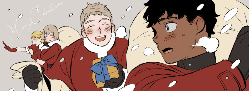 2boys, 2girls, absurdres, black_hair, blonde_hair, blue_eyes, box, breath, christmas, commentary, daki_info, dark-skinned_male, dark_skin, dungeon_meshi, falin_touden, falin_touden_(tallman), gift, gift_box, grey_background, highres, holding, holding_gift, holding_sack, kabru, laios_touden, looking_at_another, marcille_donato, merry_christmas, multiple_boys, multiple_girls, sack, santa_costume, short_hair, snow, symbol-only_commentary