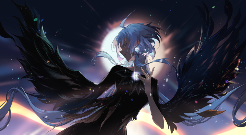 1girl, absurdres, ahoge, black_dress, black_sleeves, closed_mouth, commentary, cube_earrings