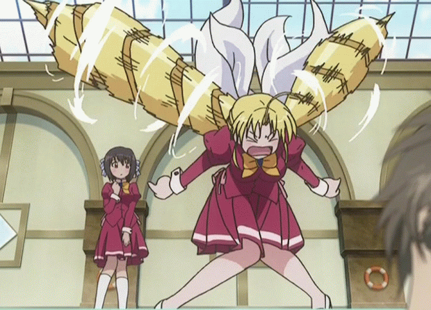 2girls, ahoge, animated, animated_gif, blonde_hair, bow, cap, drill_hair