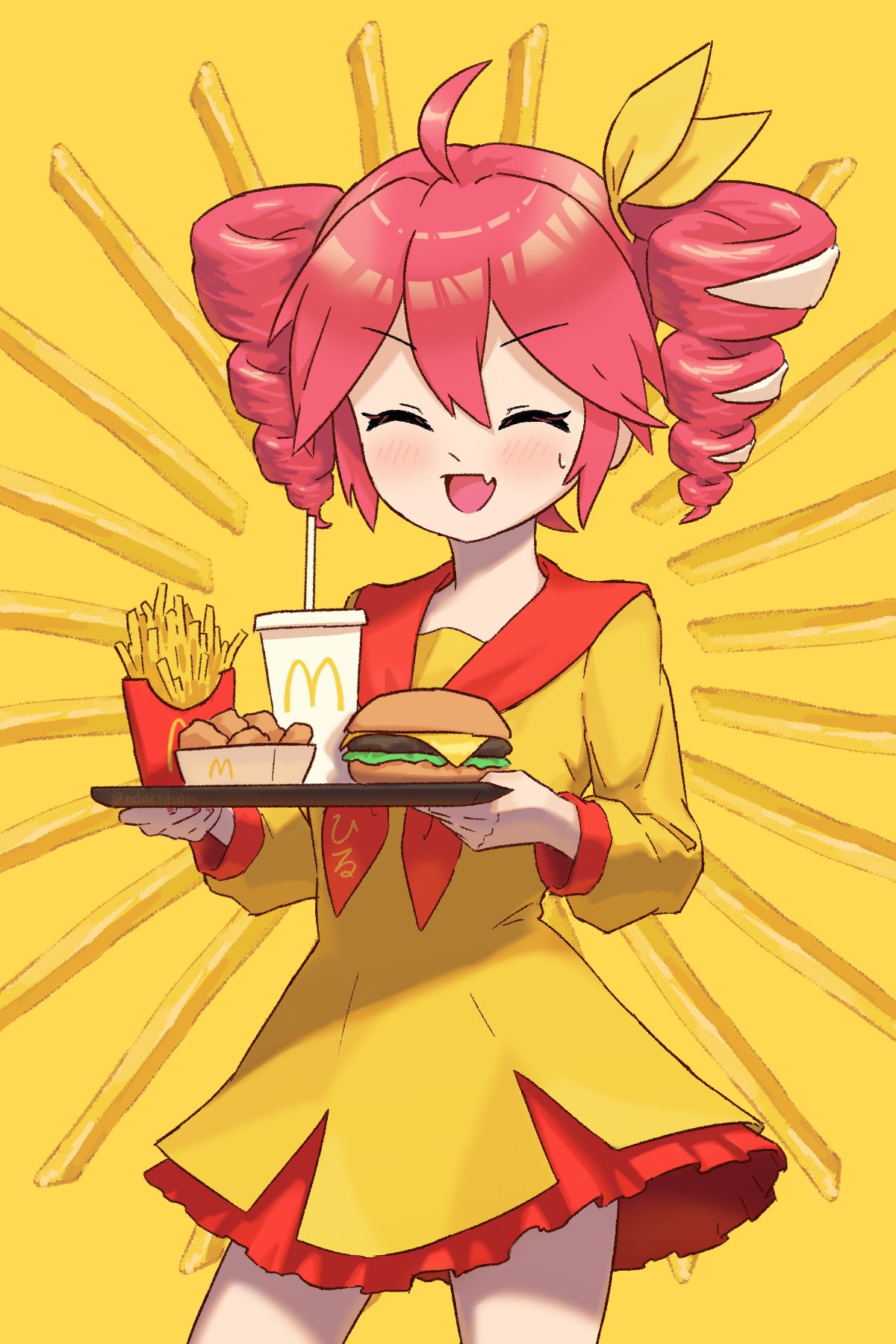 1girl, ahoge, blush, bow, burger, chicken_nuggets, closed_eyes, cowboy_shot