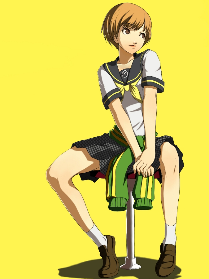 bangs, bar_stool, brown_eyes, brown_hair, checkered, flat_chest, footwear, houndstooth, lipstick, loafers, looking_away, makeup, necktie, orange_hair, parted_bangs, persona, persona_4, pleated_skirt, satonaka_chie, school_uniform, sei15, serafuku, shadow, shoes, short_hair, simple_background, sitting, skirt, smile, socks, solo, spread_legs, stool, striped, sweater_around_waist, tiptoes, tomboy, track_jacket, white_legwear