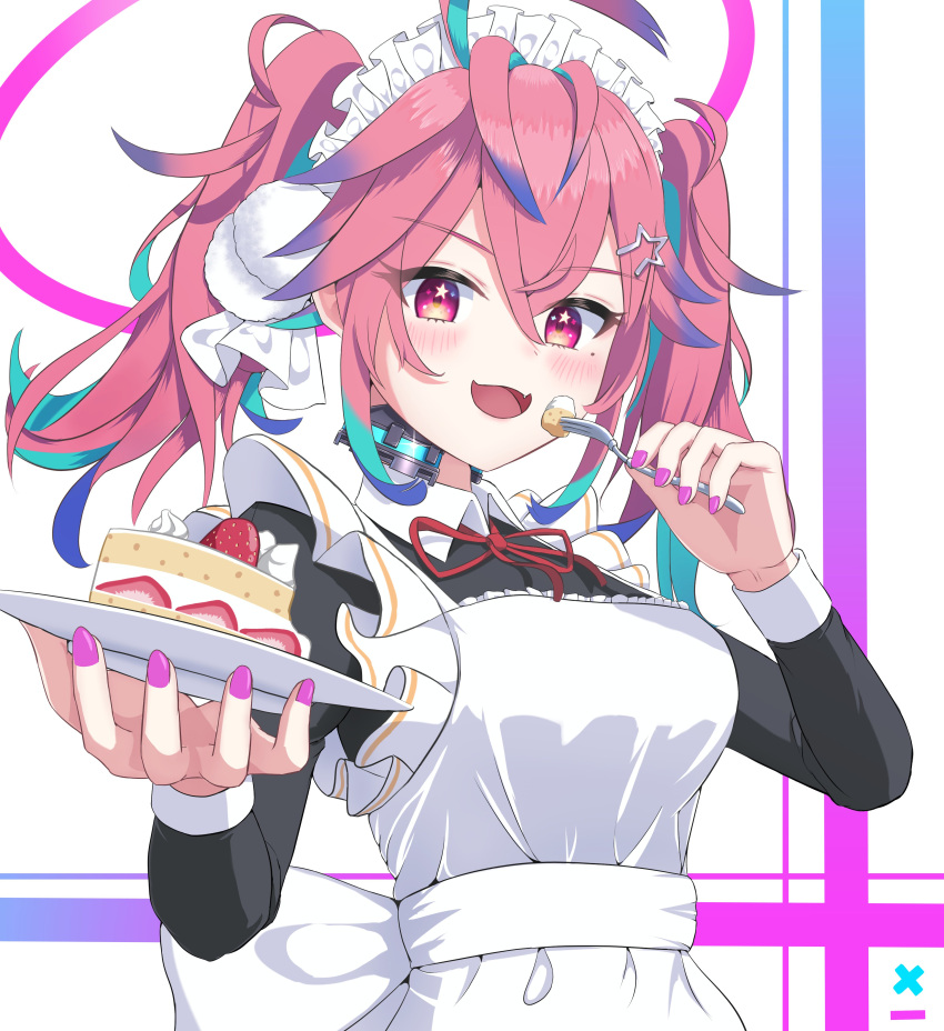 1girl, :3, absurdres, aqua_hair, blush, cake, cake_slice, collared_dress