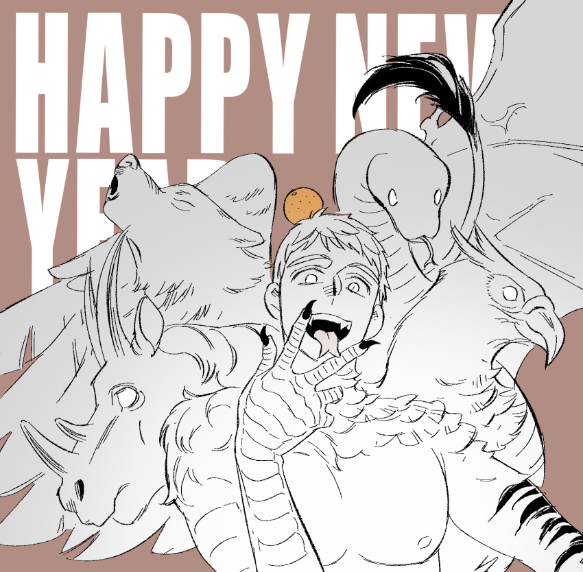 1boy, animal_hands, brown_background, claws, commentary_request, daki_info, dungeon_meshi, fangs
