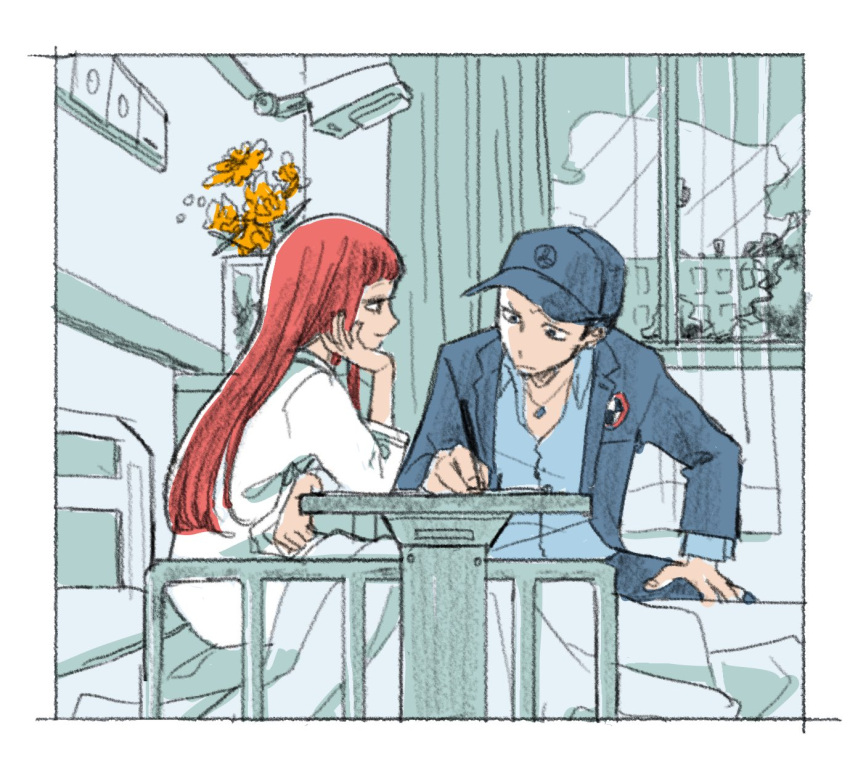 1boy, 1girl, baseball_cap, bed, blue_hat, blue_jacket, blue_pants, blue_shirt