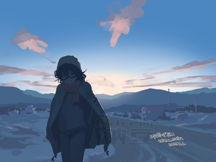 1girl, black_hair, blue_sky, closed_mouth, clouds, commentary_request, dated, extreme_nattou, glasses, green_eyes, hanakuma_chifuyu, hashtag-only_commentary, hat, highres, outdoors, pants, scarf, sky, smile, solo, standing, synthesizer_v, twitter_username, watermark, white_hat