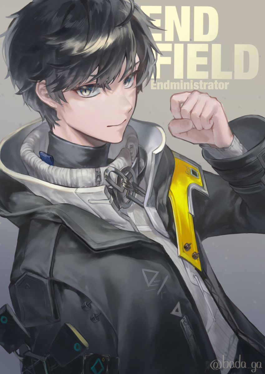 1boy, absurdres, arknights, arknights:_endfield, badaga, black_hair, black_jacket, character_name