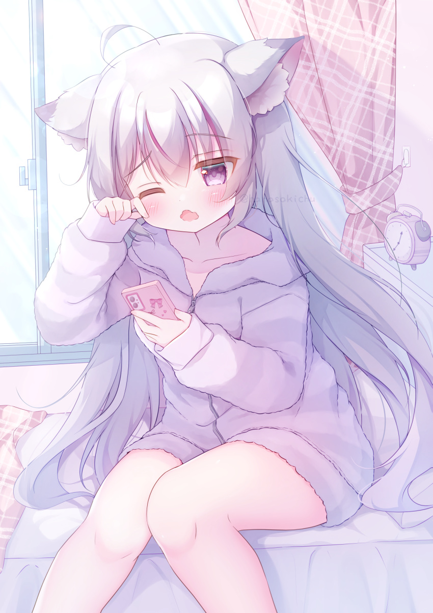 1girl, alarm_clock, animal_ears, bed, cat_ears, cat_girl, cellphone, clock