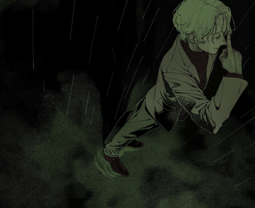 blazer, highres, jacket, johan_liebert, looking_at_another, monster_(manga), naughty_face, pointing