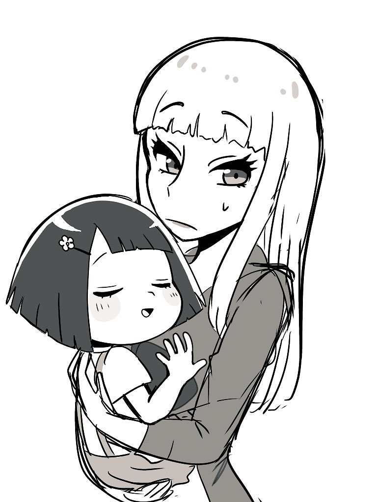 2girls, black_hair, blind, blunt_ends, carrying, child_carry, closed_eyes, frown, genderswap, genderswap_(mtf), hair_ornament, hairclip, hinakura3, iyami, iyayo, lipstick, long_hair, long_sleeves, looking_down, makeup, mature_female, multiple_girls, okiku_(osomatsu-kun), osomatsu-san_the_movie, osomatsu_(series), overall_skirt, sketch, smile