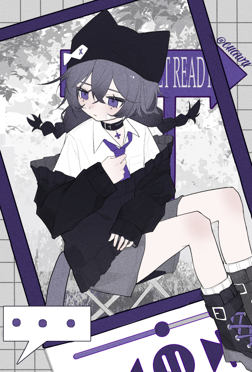 ..., 1cyaya1, 1girl, adjusting_clothes, adjusting_necktie, black_boots, black_choker, black_hair