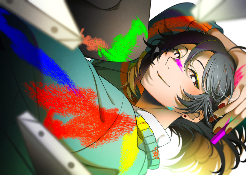 1girl, absurdres, aqua_sweater, arm_up, black_hair, blue_period, blurry, brown_hair