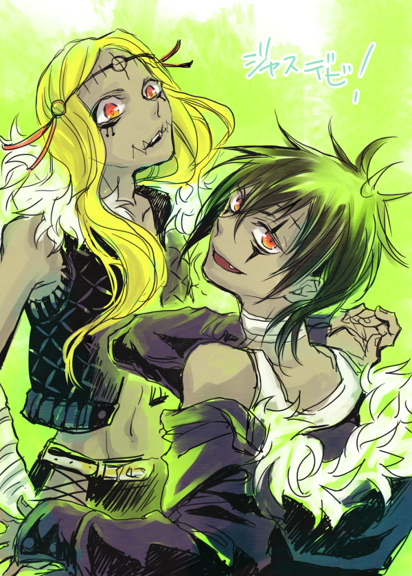 2boys, bandaged_arm, bandaged_neck, bandages, bare_shoulders, belt, black_hair, black_pants