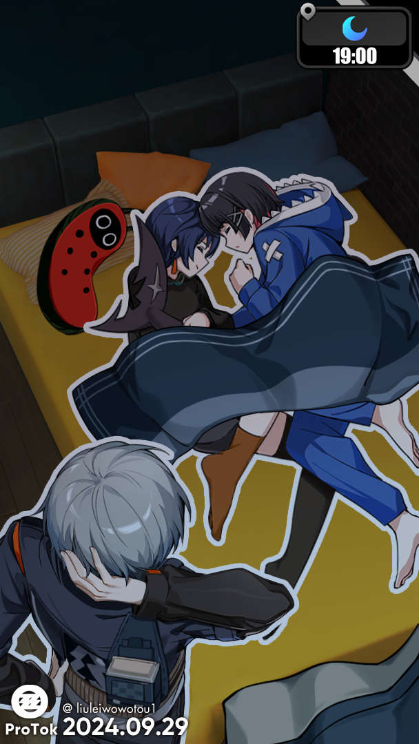 1boy, 2girls, animal_hood, barefoot, belle_(zenless_zone_zero), black_hair, blanket, blue_hair, closed_eyes, ellen_joe, facing_another, fins, fish_tail, grey_hair, hood, looking_at_viewer, mochusama1, multiple_girls, night, pillow, shark_girl, shark_hood, shark_tail, sleeping, tail, wise_(zenless_zone_zero), zenless_zone_zero