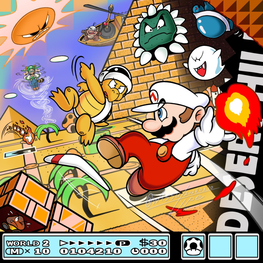 aircraft, airship, angry, angry_sun, blue_sky, boo_(mario), boomerang, boomerang_bro