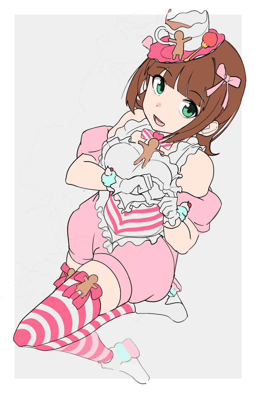 1girl, amami_haruka, apron, border, bow, bow_legwear, bowtie, brown_hair
