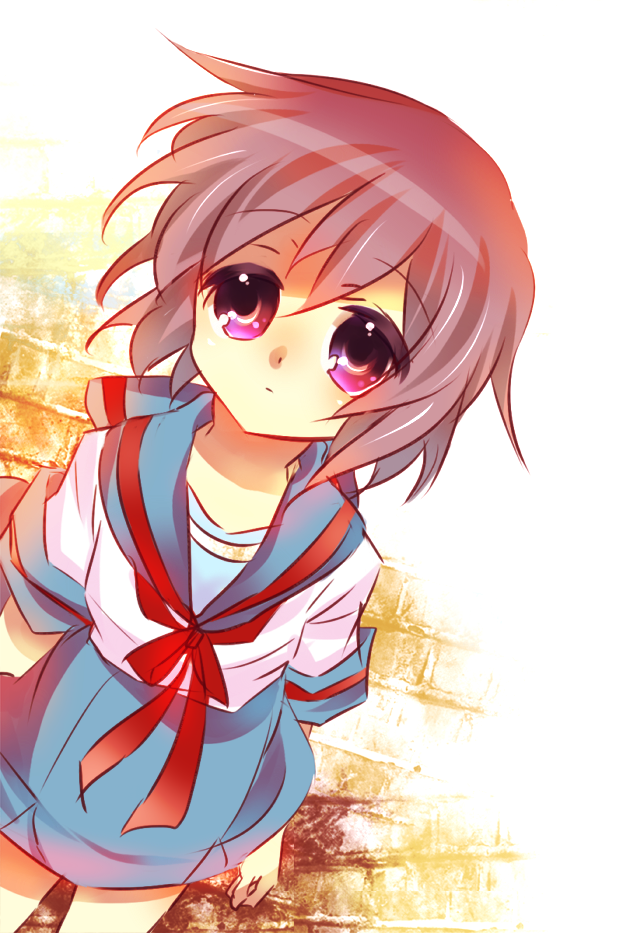 from_above, grey_hair, looking_up, nagato_yuki, purple_eyes, school_uniform, serafuku, shiroto