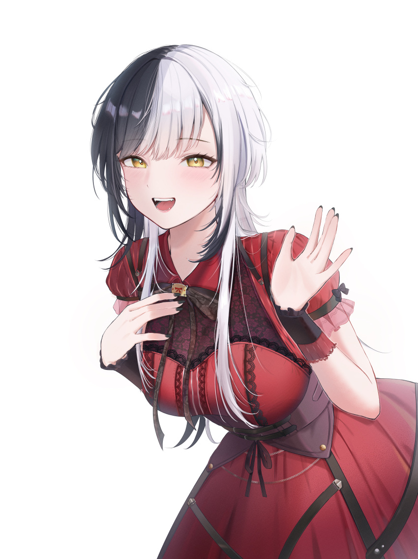 1girl, absurdres, black_corset, black_hair, black_nails, black_ribbon, corset, dress, grey_hair, hand_up, highres, hololive, hololive_english, long_hair, looking_at_viewer, momokochiiyo, multicolored_hair, official_alternate_costume, open_mouth, red_dress, ribbon, shiori_novella, shiori_novella_(casual), simple_background, solo, split-color_hair, tongue, two-tone_hair, virtual_youtuber, white_background, yellow_eyes