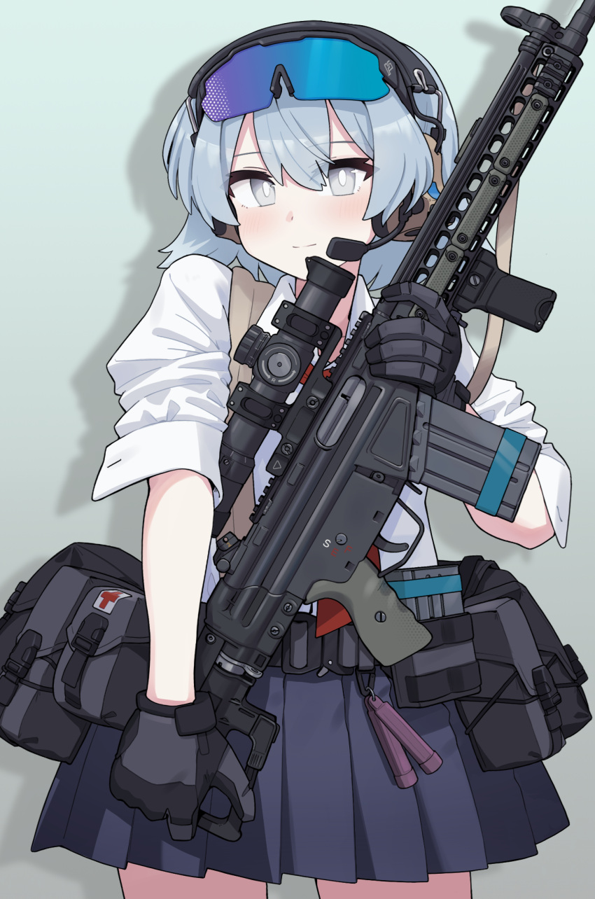 1girl, assault_rifle, black_gloves, black_skirt, blue-tinted_eyewear, blue_hair, blush, bright_pupils